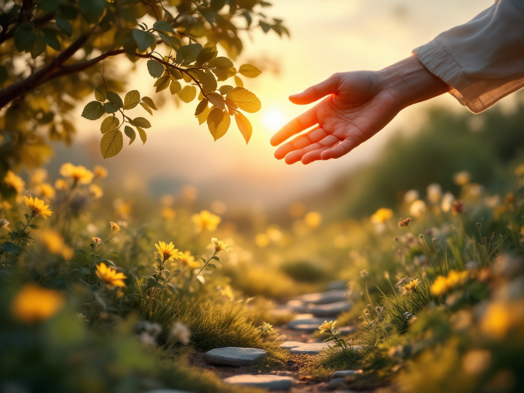 Hand reaching towards sunlight in a flower-filled pathway, symbolizing hope and healing in addiction recovery.