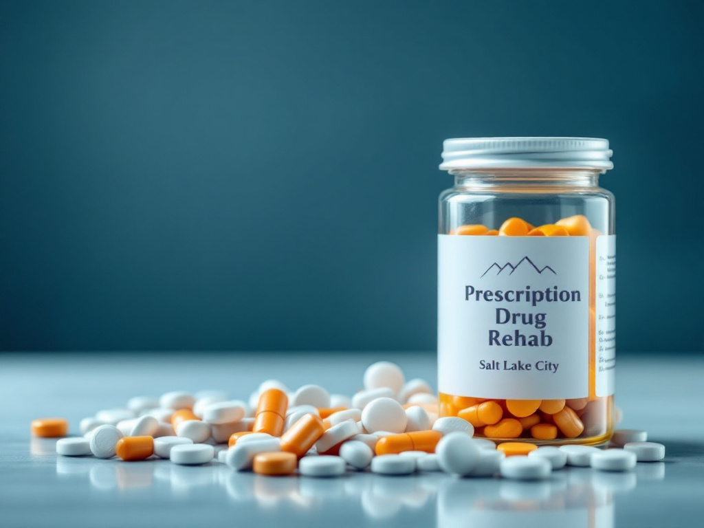 Prescription drug rehab jar with orange and white pills, emphasizing substance abuse recovery in Salt Lake City.