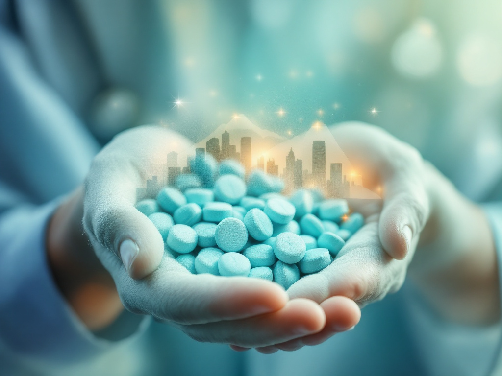 Hands holding blue pills with a city skyline overlay, symbolizing Xanax addiction treatment and recovery support in Salt Lake City.