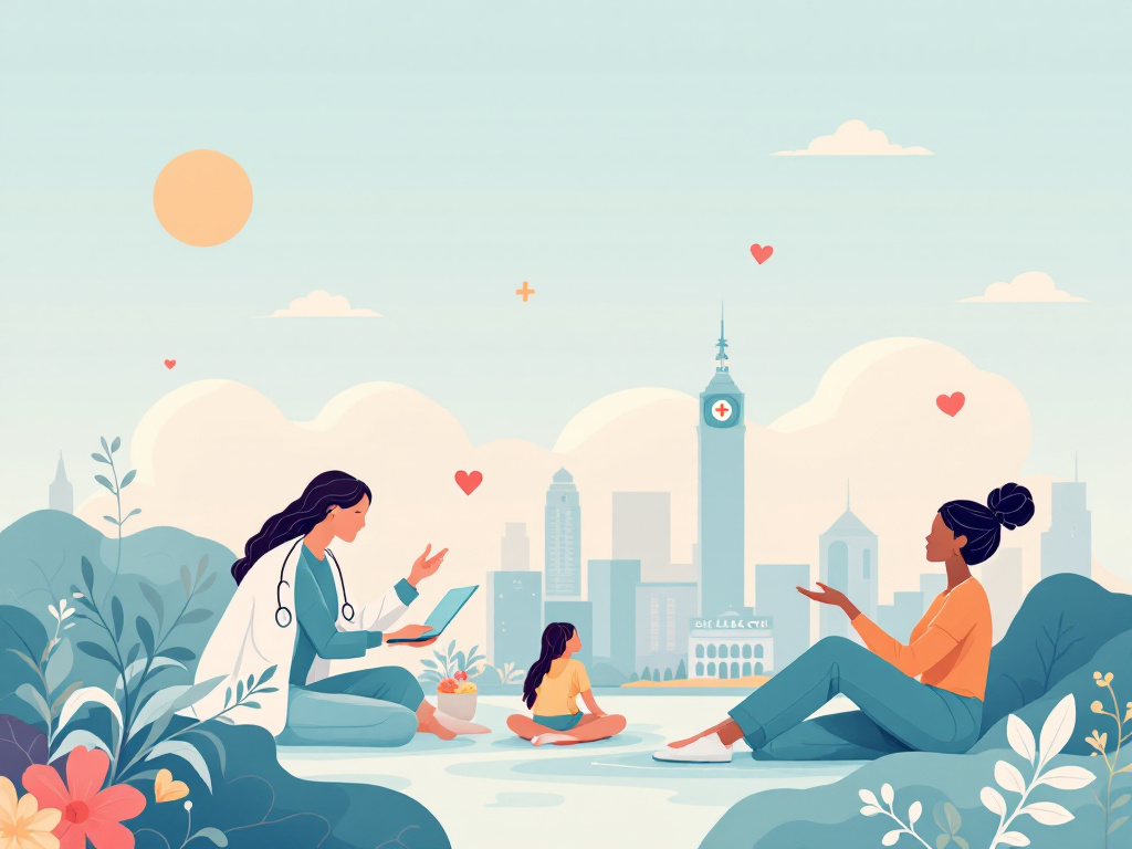 Illustration of a healthcare professional consulting on a tablet with a young girl, while a mother engages in conversation, symbolizing emotional regulation therapy and support in recovery, set against a city skyline with a sunny backdrop.