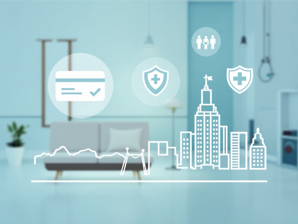 Illustration of a modern living space with a sofa, plant, and city skyline icons representing healthcare, insurance, and community support for addiction recovery in Salt Lake City.