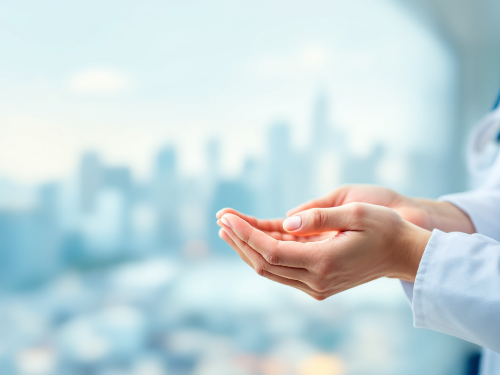 Hands of a healthcare professional in a white coat, symbolizing support and care in addiction treatment, against a blurred urban background.