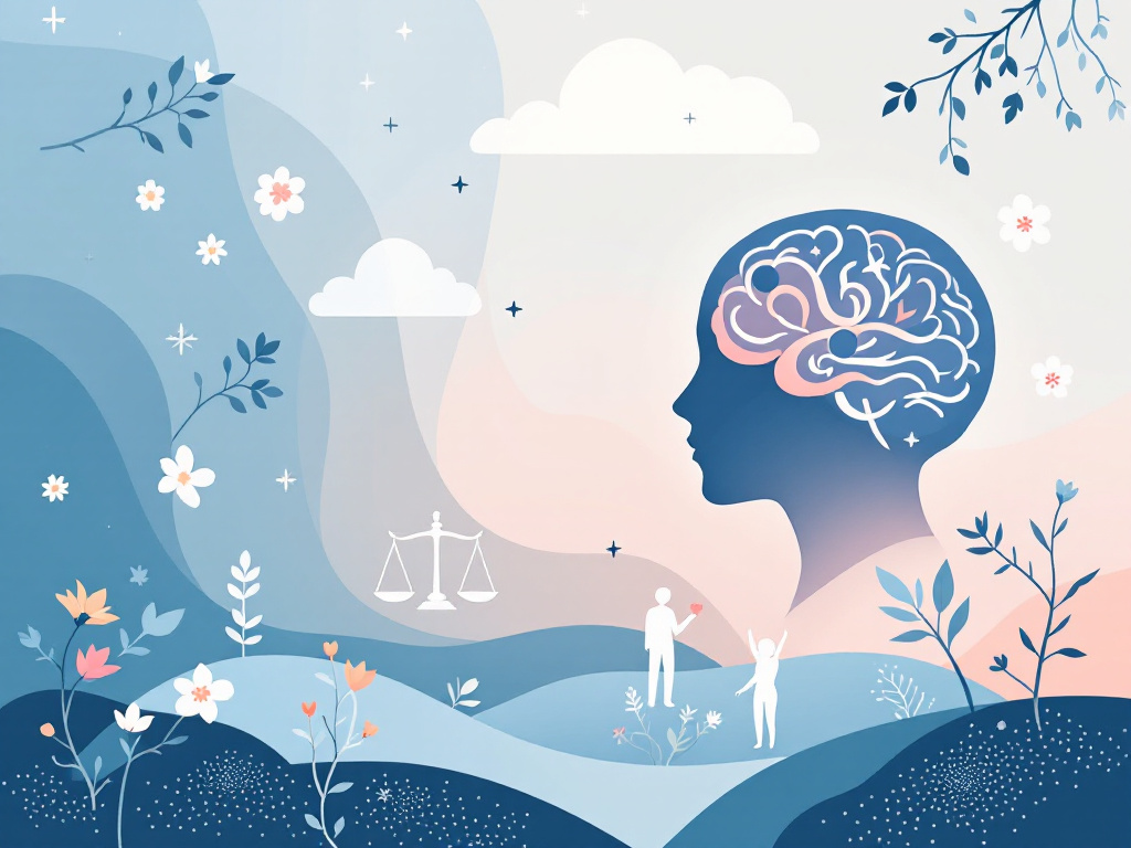 Illustration of a silhouette with a brain, symbolizing emotional awareness and mental health, surrounded by flowers and scales of justice, reflecting themes of group therapy and recovery from substance use disorders.