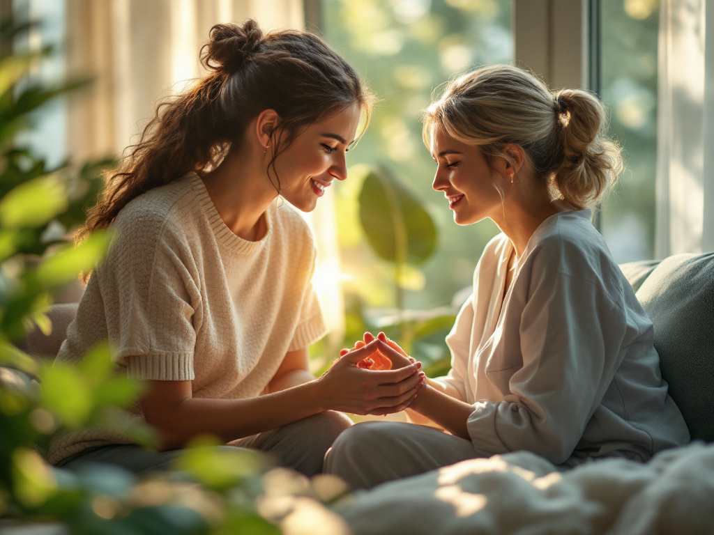 Two women engaged in a supportive conversation, emphasizing mindfulness and connection in a serene, plant-filled environment, reflecting themes of addiction recovery and holistic therapy.