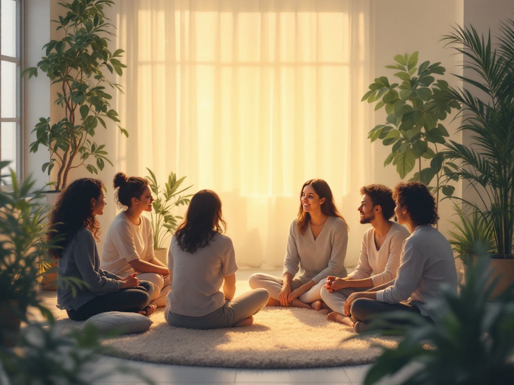 Group therapy session at Phoenix Recovery, participants seated in a circle, sharing experiences, surrounded by plants and natural light, emphasizing healing and emotional support.