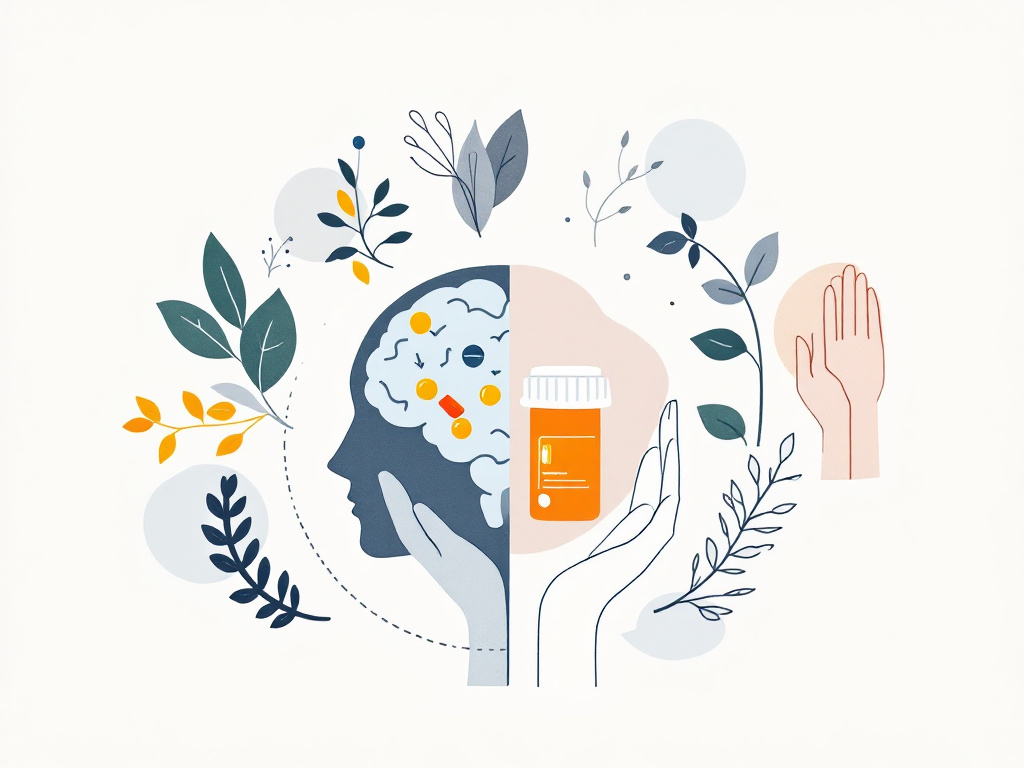 Illustration of a human head with brain and pills, surrounded by hands and leaves, symbolizing psychiatric medication management and holistic therapies in addiction recovery.