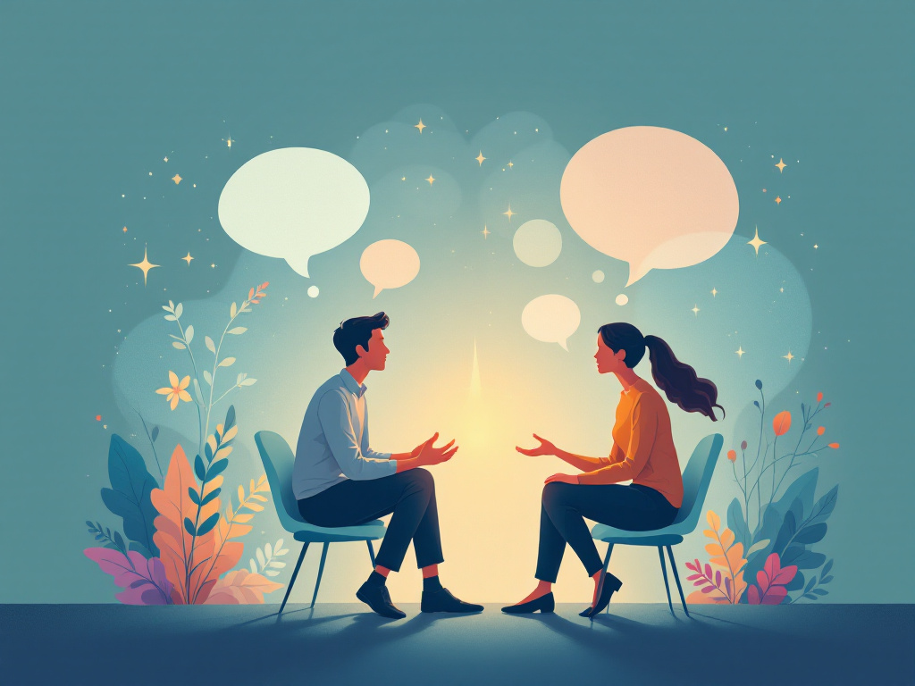 Illustration of a man and woman engaged in conversation during therapy, surrounded by colorful plants and speech bubbles, representing emotional awareness and integrative healing in recovery settings.