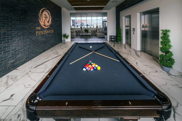 A pool table and elevators in the foreground, and the co-ed common area and secure outdoor patio in the background.